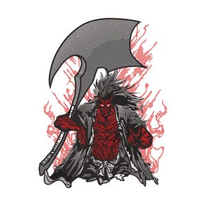 Könnte beinhalten: Eine rot-schwarze Illustration einer dämonenartigen Figur, die eine große graue Axt hält. Die Figur hat rote Haut, leuchtende Augen und langes schwarzes Haar. Rote Streifen gehen von hinter der Figur aus und erzeugen ein dynamisches und kraftvolles Bild.
