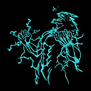 Könnte beinhalten: Türkisfarbene Illustration eines Monsters mit offenem Mund und scharfen Zähnen auf schwarzem Hintergrund. Die Kreatur hat einen muskulösen Körperbau und ist von türkisfarbenen Linien umgeben, die ein dynamisches Design erzeugen. Der Stil ist grafisch.