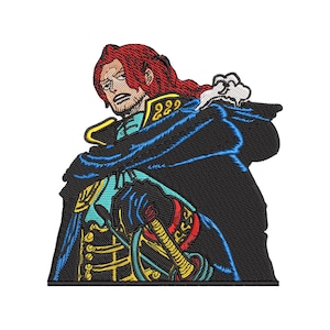 May include: Embroidered patch featuring a character with red hair, wearing a black coat with blue accents and gold trim. The character is holding a sword. The patch has a white background.