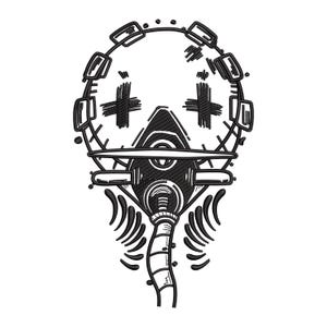 Puede incluir: Parche bordado en blanco y negro con un diseño estilizado de máscara de gas. El diseño incluye un elemento circular con formas rectangulares, ojos en forma de cruz y un respirador detallado.