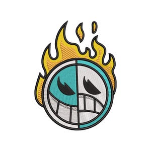 May include: Embroidered patch featuring a split-face design with a teal and white color scheme, outlined in black. The design includes a smiling face and is surrounded by yellow and orange flames.
