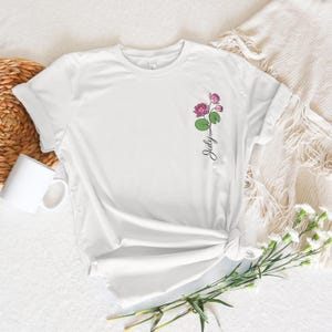 Custom Birth Month Flower Shirt July, Lotus Flower Tee with Name, Personalized Floral Vneck Shirt, Birthday Gift for Her, Summer Shirt
