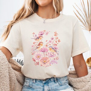 Vintage Floral Bird T-Shirt, Nature Lover Tee, Aesthetic Boho Wildlife Shirt, Elegant Botanical Print
