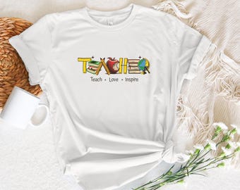 Teacher Graphic Shirt, Teach Love Inspire Shirt, Back to School Teacher Gift, Cute Teacher Vneck Tee, Fun Teacher Sweatshirt