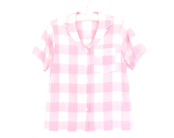 vintage blouse * 80s picnic blouse * pink plaid shirt * eyelet blouse * embroidered blouse * large