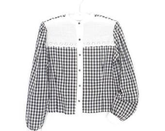 gingham blouse * eyelet lace yoke * embroidered blouse * checkered shirt * large