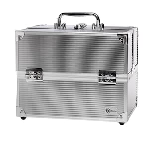 May include: A rectangular silver aluminum storage case with a ribbed texture, featuring a top handle, two metal latches on the front, and reinforced chrome-colored corners. A small white label with the text Options is visible on the bottom right.