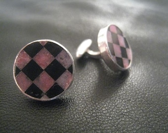 Checkerboard Cufflinks Rhodochrosite Black Onyx Inlay Cufflinks Gift for Him Deco Cufflinks Pink and Black Cufflinks for Her