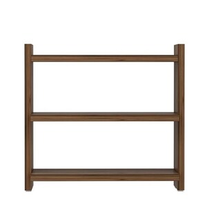 May include: A brown wooden shelving unit featuring two horizontal shelves supported by two vertical side panels. The structure has a clean, rectangular frame with a visible wood grain pattern throughout the entire piece of furniture.