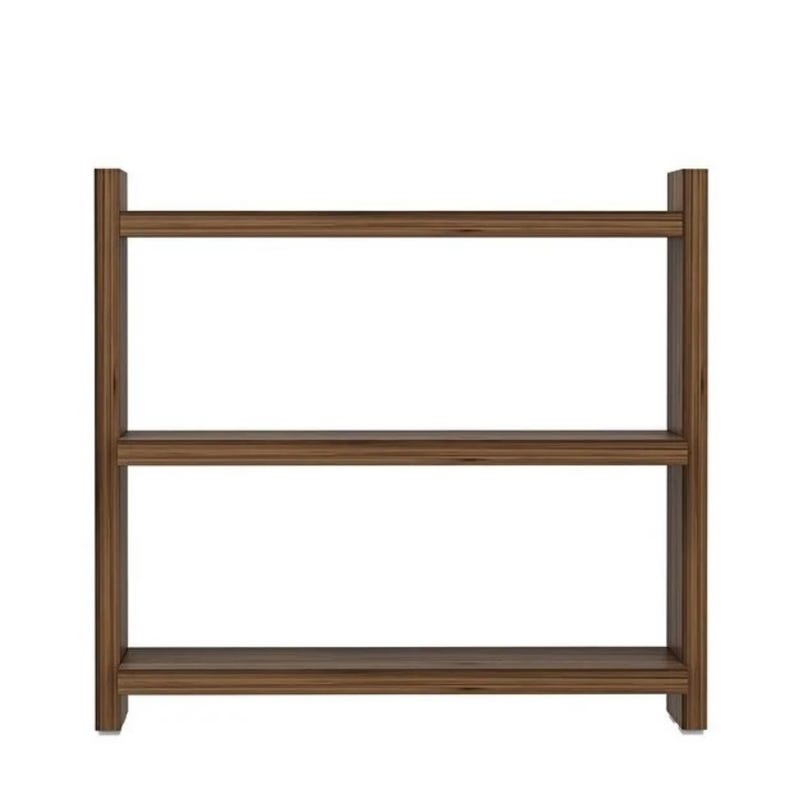 May include: A brown wooden shelving unit featuring two horizontal shelves supported by two vertical side panels. The structure has a clean, rectangular frame with a visible wood grain pattern throughout the entire piece of furniture.