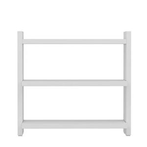 May include: A white wall-mounted shelving unit featuring three horizontal shelves supported by two vertical side panels. The structure is composed of clean, straight lines and a smooth, matte white finish, providing an open storage design.