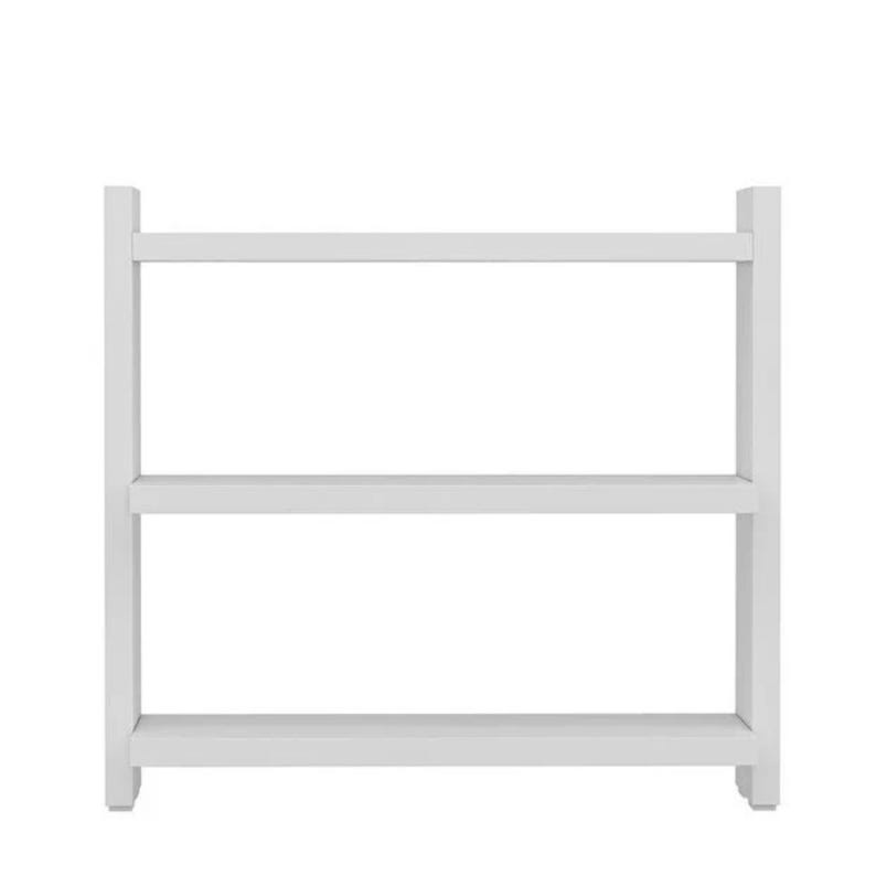May include: A white wall-mounted shelving unit featuring three horizontal shelves supported by two vertical side panels. The structure is composed of clean, straight lines and a smooth, matte white finish, providing an open storage design.