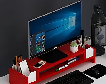 Ergonomic Cherry Red Monitor Riser Stand – Red Desk Organizer – Office Productivity Boost
