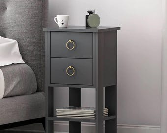 Modern Bedside Table: 2-Drawer Nightstand with Shelf