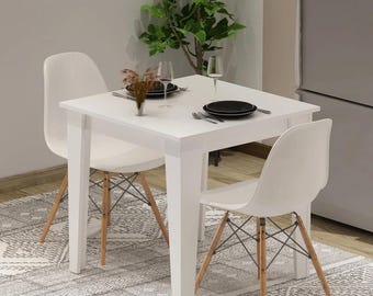 Modern Square White Table for Small Spaces, Wooden Apartment Furniture
