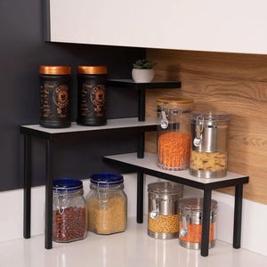 3 Tier Corner Kitchen Counter Shelf Organizer / White Wood and Black Metal Spice Rack for Pantry, Coffee Bar, or Bathroom Storage