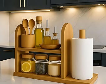 Wooden Kitchen Counter Paper Towel & Organizer Shelf – Countertop Kitchen Storage – Modern Kitchen Accessory