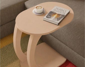 Tavolino ovale a C color cappuccino rosa cipria, supporto moderno per laptop da divano