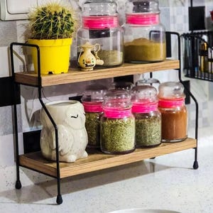 2 Tier Wooden Countertop Rack / Rustic Kitchen Organizer Shelf with Black Metal Frame for Spices, Coffee Bar, Bathroom or Desk Decor