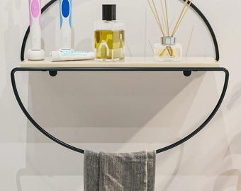 Modern Black Half Ellipse Wall Shelf with Gold Towel Bar - 16" Bathroom Organizer