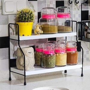 2 Tier Wooden Countertop Rack / Rustic Kitchen Organizer Shelf with Black Metal Frame for Spices, Coffee Bar, Bathroom or Desk Decor