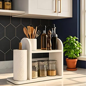 Kitchen Counter Organizer Shelf with Paper Towel Holder & Napkin Rack – Space Saving Kitchen Storage