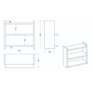 May include: A technical line drawing of a three-tier shelf unit. The diagram displays front, side, and top views with dimensions in millimeters: 436 mm width, 400 mm height, 146 mm depth, and 196 mm depth. It includes a 3D perspective view of the shelf.