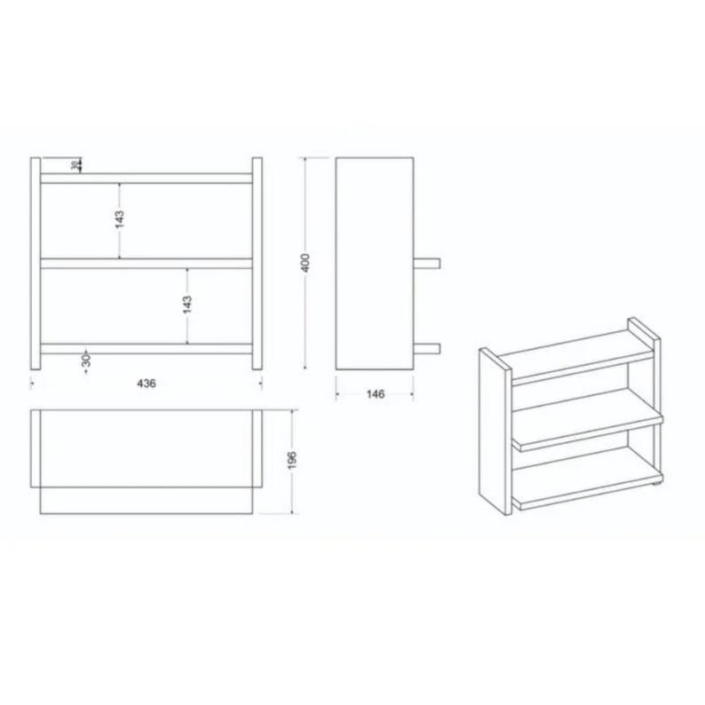 May include: A technical line drawing of a three-tier shelf unit. The diagram displays front, side, and top views with dimensions in millimeters: 436 mm width, 400 mm height, 146 mm depth, and 196 mm depth. It includes a 3D perspective view of the shelf.