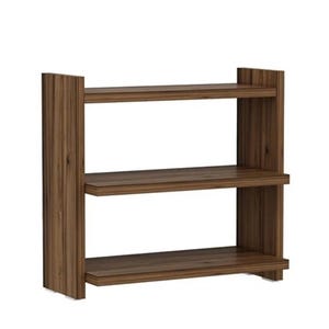 May include: A three-tier bookshelf constructed from dark brown wood with a visible vertical grain pattern. The unit features two side panels that extend slightly above the top shelf, providing a structured frame for the three horizontal surfaces.