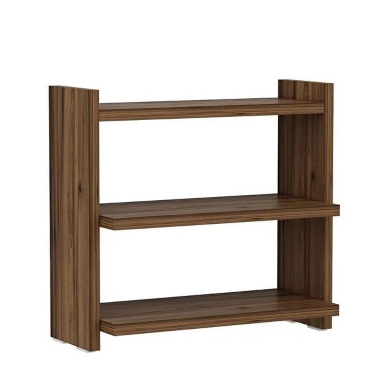 May include: A three-tier bookshelf constructed from dark brown wood with a visible vertical grain pattern. The unit features two side panels that extend slightly above the top shelf, providing a structured frame for the three horizontal surfaces.