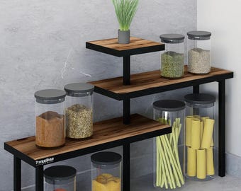Rustic Wood & Metal Corner Shelf: 3-Tier Kitchen Counter Organizer