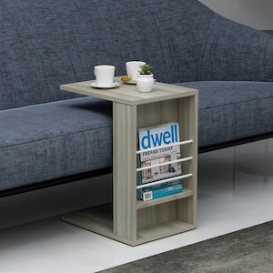 Modern C-Shaped Side Table with Magazine Holder - Sofa Arm Table