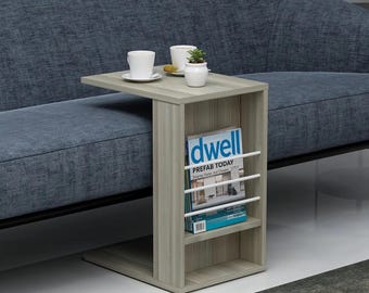 Modern C-Shaped Side Table with Magazine Holder - Sofa Arm Table