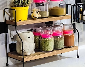 2 Tier Rustic Kitchen Countertop Organizer: Wooden Shelf with Black Metal Frame