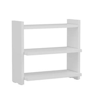 May include: A white bookshelf featuring three horizontal shelves supported by two vertical side panels. The structure is open on all sides, providing a clean, rectangular frame with a smooth, uniform finish across all surfaces of the unit.