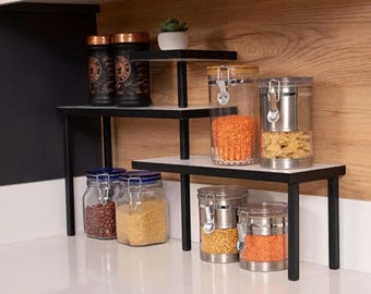 3-Tier Corner Shelf Organizer: White Wood & Black Metal Spice Rack