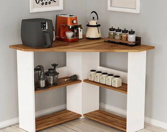 Corner Coffee Station Cabinet, Small Kitchen Storage Table, Home Coffee Bar, White Wooden