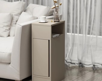 Moderne smalle bijzettafel met opbergruimte, slank nachtkastje voor kleine ruimtes