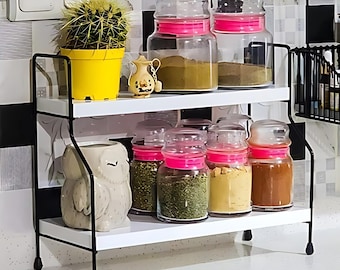 2-Tier Rustic Kitchen Countertop Organizer: Wooden Shelf with Black Metal Frame