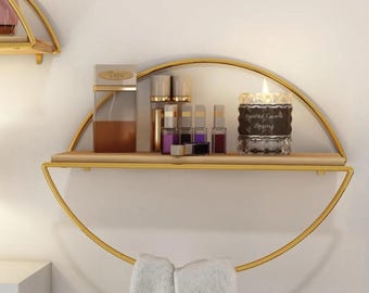 Gold Half Ellipse Wall Shelf with Towel Bar: Modern Wood & Metal Organizer