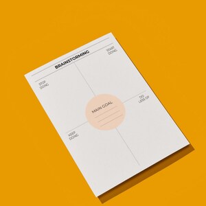 May include: A white brainstorming worksheet with a peach-colored circle in the center, labeled "Main Goal." The worksheet has four quadrants labeled "Stop Doing," "Start Doing," "Keep Doing," and "Do Less Of."