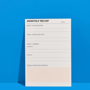 Afdrukbare maandelijkse reflectieplanner, werkblad studiebeoordeling, doelentracker, pdf-studentvoortgangsplanner