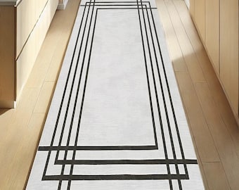 Geometric Runner Rug: Black and White Minimalist Washable Carpet