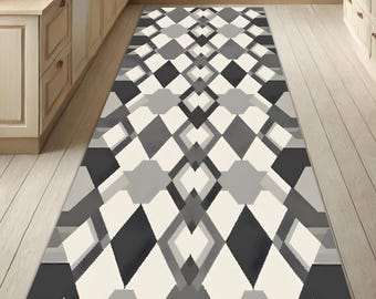 Geometric Black and White Runner Rug: Modern Washable Hallway Carpet
