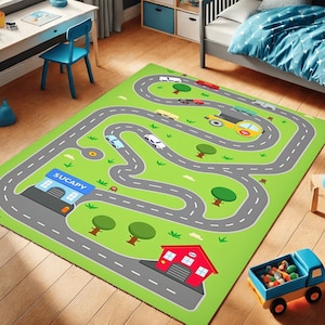 Kids Play Rug Car Road Pattern, Non-Slip Soft Play Mat, Car Track Rug for Boys, Educational Traffic Carpet, Children's Room Decor