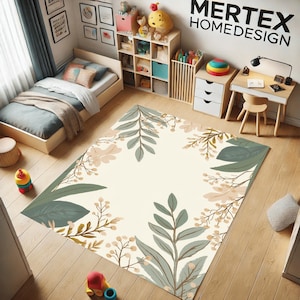 Botanical Area Rug, Washable Non Slip Carpet, Soft Kids Room Rug, Modern Boho Style Home Decor, Minimalist Living Room Rug, Gift Idea