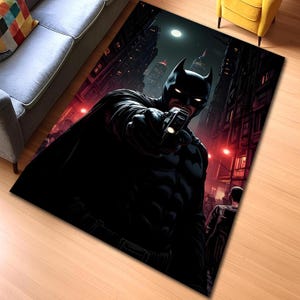 Dark Hero Cityscape Rug: Superhero Comic Art Decor