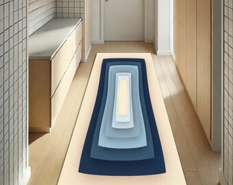 Optical Illusion Hallway Runner Rug: Modern Blue Geometric Carpet