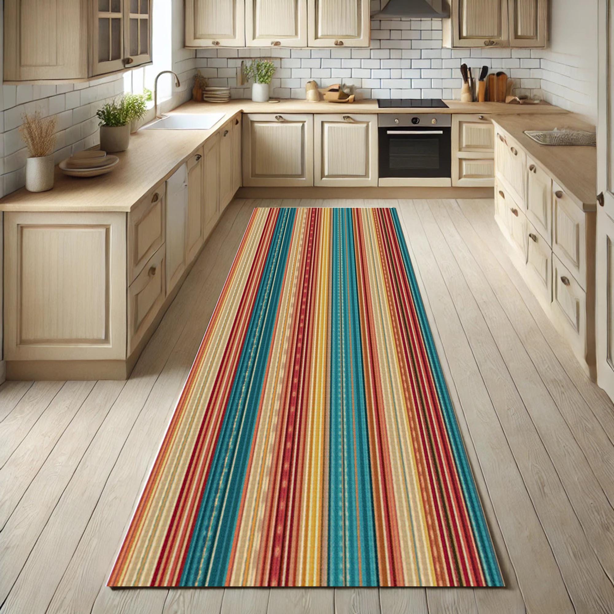 Colorful Striped Runner Rug: Boho Hallway Carpet, Washable Anti-Slip Mat