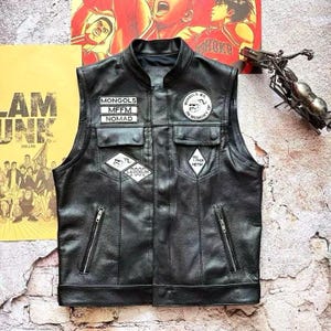 2025 moto mongols fait main pour hommes en cuir véritable gilet de motard gilet de broderie en peau de vache noire patch de broderie en cuir véritable vestes sans manches